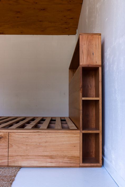 Ultimate storage solution - our custom Bookshelf Drawer Bed features 6 drawers in the platform base and a bookshelf bedhead. Handmade from solid locally sourced Australian hardwood. Diy Queen Headboard With Storage, Bookcase Bedframe, Wooden Bed Head, Diy Storage Headboard, Bedframe Diy, Bed Headboard Storage, Ideas Cuarto, Bookshelf Headboard, Bookshelf Bed