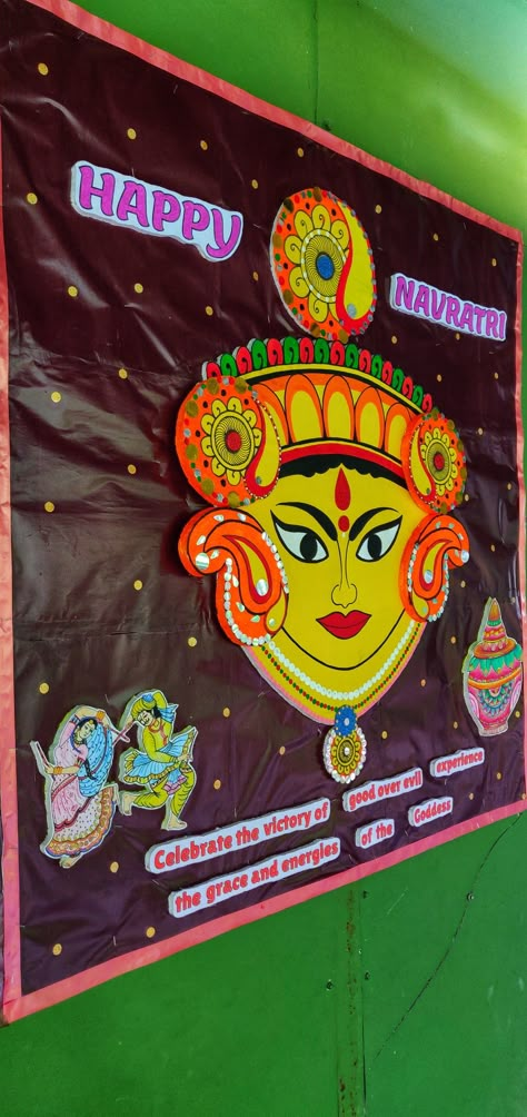 Navaratri Board Decoration Ideas, Garba Decoration For School, Navratri School Decoration, Board Decoration For Navratri, Navratri Chart Ideas For School, Dashain Decoration In School, Navratri Background Decoration, Navratri Decoration Ideas For Office, Dasara Board Decoration Ideas