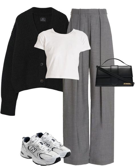 h outfit ideas | School Outfits University College Students, Grey Bottoms Outfit, Grey Trousers Outfit Women Casual, Grey Pant Outfits Women, Light Gray Trousers Outfit, Light Grey Trousers Outfit, Gray Slacks Outfit Women, Grey Wide Leg Pants Outfit, Amman Outfits