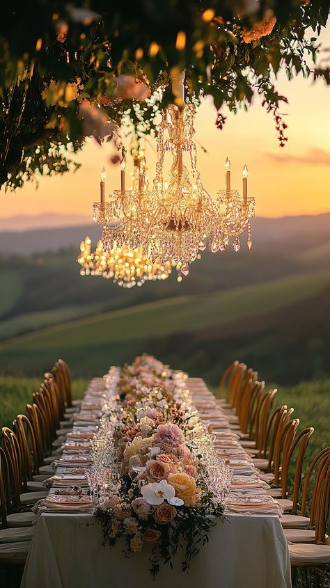 Dreaming of an enchanting Italian countryside wedding? 🌅✨ Picture a stunning dinner setup amidst rolling hills, illuminated by a chandelier! Let us capture every magical moment. #ItalianWedding #CountrysideMagic #DinnerSetup #Midjourney European Countryside Wedding, Italian Winery Wedding, Montage Palmetto Bluff Wedding, Italian Countryside Wedding, Italian Wedding Reception, Tuscany Italy Wedding, Dinner Setup, Wedding Winery, Barcelona Wedding