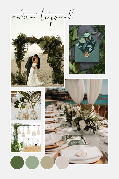 Green Destination Wedding, Tropical Foliage Wedding, Beach Wedding Green Color Palettes, Tropical Aesthetic Wedding, Emerald Green Beach Wedding Theme, Jungle Wedding Color Palette, Light Blue Tropical Wedding, Beach Wedding Neutral Colors, Modern Tropical Wedding Color Palettes