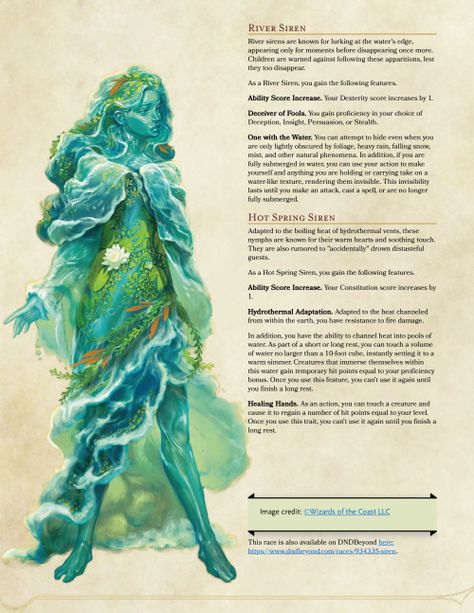 Unique Mythical Creatures, Fae Races Dnd, Water Druid Dnd, Dnd Fae Character, Fey Creatures Dnd, Dnd Asamir, D&d Creatures, Siren Dnd, Sea Elf Dnd