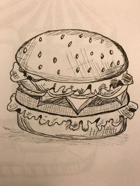 How To Draw Burger, Food Drawings Pencil, How To Draw A Burger, Burger Reference Drawing, Food Sketches Pencil, Random Object Drawing, Burger Drawing Illustration, Drawings Of Food Sketches, How To Draw With A Pen