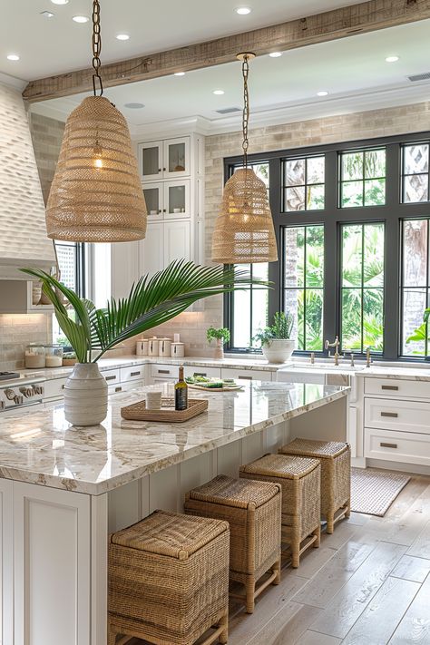 Are you looking for ways to bring the beach to your home? Get inspired by these 34 dreamy coastal kitchen ideas! From breezy color palettes to nautical accents, you will find inspiration to create a relaxing and stylish kitchen with seaside charm. All White Beach House Interiors, Amber Interiors Beach House, Coastal Inspired Interior Design, Bringing The Outside In Interiors, Beach Houses Kitchen, Beach House Colorful Interior, Tropical Interior Design Kitchen, Light Colored Interior Design, Beachy Modern Kitchen