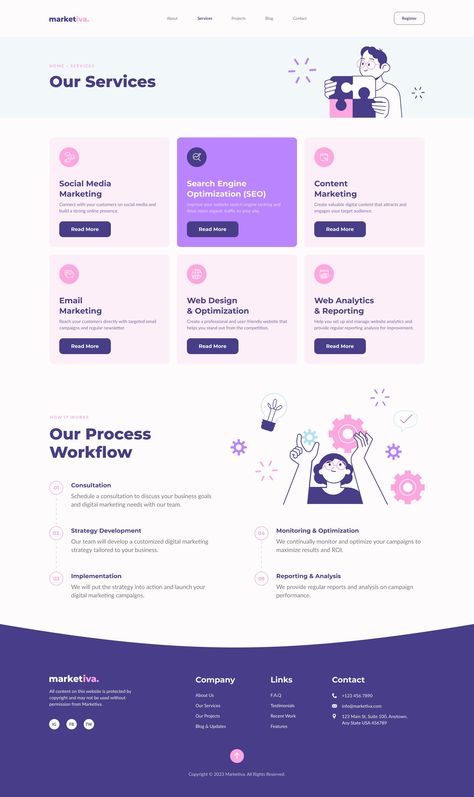 Marketiva - Digital Marketing Agency Website UI Figma Web Design Agency Landing Page, Fancy Website Design, Digital Marketing Website Design Ideas, Ui Design Inspiration Website, Website Homepage Design Layout, Web Agency Website Design, Service Page Web Design, About Me Website Design, Purple Website Design