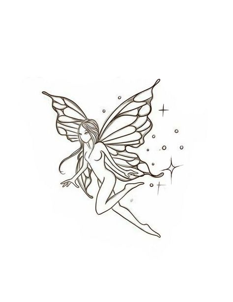 Fairy With Locs Tattoo, Fairy Outline Tattoo Simple, Pink Fairy Tattoo, Fairy Tattoo Sketch, Fairy Tattoo Meaning, Small Faerie Tattoo, Fairy Neck Tattoo, Peculiar Tattoo, Fairy Fine Line Tattoo