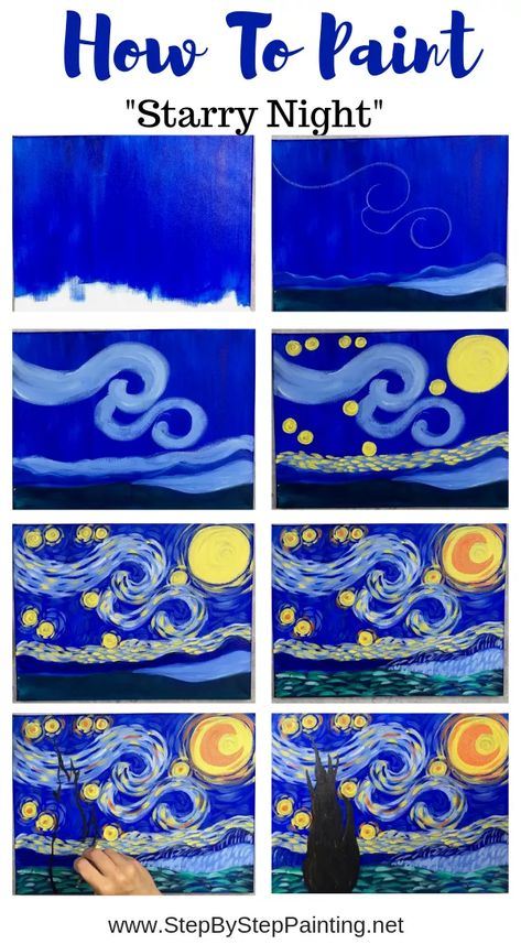 This is a simplified, easy version of the famous Starry Night by Vincent Van Gogh. Learn how to paint this with simple step by step directions. Great for kids and the absolute beginner acrylic painter! Paint Starry Night, فنسنت فان جوخ, Starry Night Painting, Seni Dan Kraf, Arte Van Gogh, Small Canvas Art, Simple Acrylic Paintings, Night Painting, Aesthetic Painting