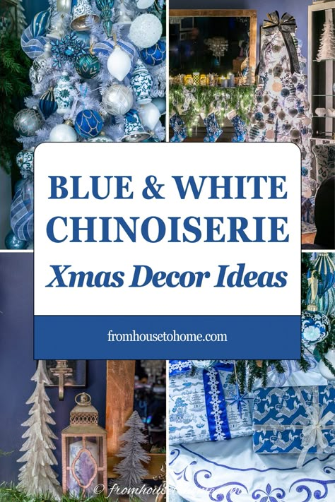 blue and white Chinoiserie Christmas decor ideas Christmas Decor Ideas Blue, Blue And Gold Christmas Decor, Blue And White Chinoiserie Christmas, Chinoiserie Christmas Decor, Blue Christmas Decor Ideas, Blue And White Christmas Decor, Christmas Decor Blue, Blue Willow Decor, Christmas Fireplace Mantel