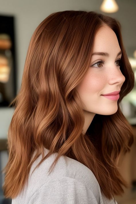 medium auburn hair color Auburn Hair Color Straight, Level 6 Auburn Hair Color, Winter Auburn Hair, Auburn Hair Color Medium Length, Brunette To Auburn, Auburn Hair Shades, Medium Length Auburn Hair, Medium Warm Brown Hair, Auburn Hair Light