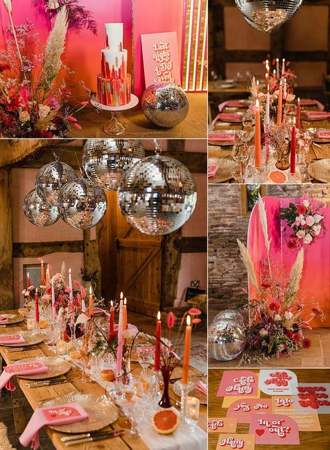 Colour Wedding Table Decor, Wedding Colourful Decoration, Maximalist Disco Wedding, Red Pink Orange Tablescape, Bridal Shower Colour Themes, Pink And Orange Disco Ball Wedding, Retro Romantic Wedding, Wedding Ideas Colourful, Vibrant Wedding Bridesmaids