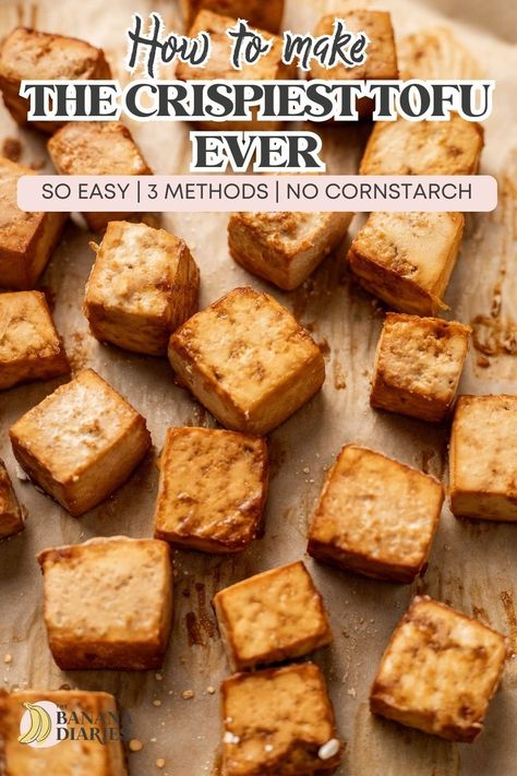 Learn how to cook tofu extra crispy with 3 different easy methods: baked, airy fried, and sautéed! No cornstarch needed! Cake For 2 People, Dinner Recipes Tofu, Vegan Holiday Dinner, Tofu Baked, Pumpkin Sweet Potato Soup, Holiday Dinner Ideas, Banana Diaries, Cook Tofu, Vegan Dinner Party