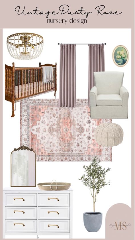 Olive And Pink Nursery, Dark Purple Nursery Ideas, Vintage Inspired Girls Room, Green And Mauve Nursery, Sage And Mauve Nursery, Moody Baby Girl Nursery, Folklore Nursery, Green And Purple Nursery, Eclectic Nursery Girl