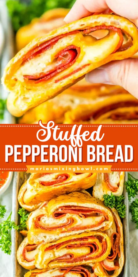 Learn how to make Stuffed Pepperoni Pizza Bread! This 4th of July appetizer recipe is so easy. Wonderfully cheesy and fun to eat, this pepperoni stuffed bread is sure to be a hit! Serve this party food idea with marinara sauce! Puff Pastry Pepperoni Pizza Pocket, Stuffed Bread Recipes Homemade, Stuffed Pepperoni Bread, Appetizer Recipes With Pepperoni, Easy Stuffed Bread Recipes, Peperoni Bread Recipes, Puff Pastry Pepperoni Appetizers, Stuff Bread Recipes, Stuffed Breads Recipes