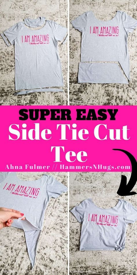 Take any old t-shirt and a pair of scissors and learn how to cut a shirt into a cute side-tie tee with this easy DIY tutorial. Tap on this pin to get this DIY tutorial and more with Ahna Fulmer // HammersNHugs.com. #craft #fashion #diy Distress Tee Shirts Diy, How To Cut A Tee Shirt To Make It Cute, Diy Cut T-shirts, Alter Tshirt, How To Cut A Tshirt Cute, Cut T Shirt Neckline, Cut A Shirt, Tshirt Hacks, Shirt Alterations