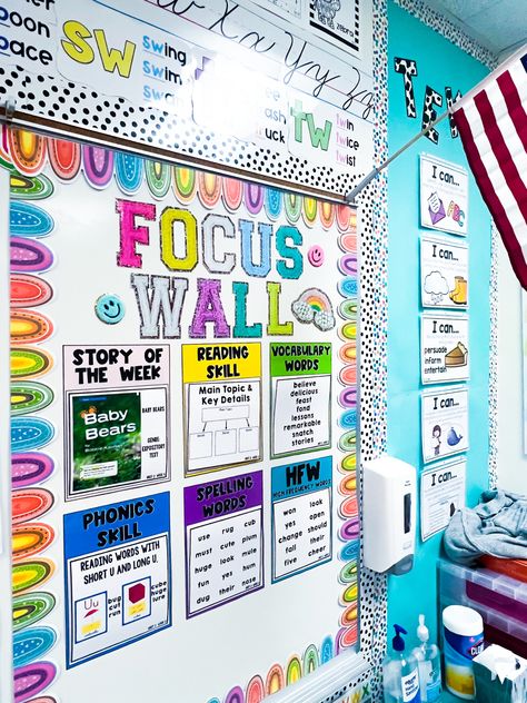 A focus wall is a must have in the classroom! Focus Boards Classroom, 5 Grade Classroom Decor, Wonders Focus Wall Second Grade, Weekly Classroom Themes, Focus Walls Classroom, Wonders Focus Wall Kindergarten, Classroom I Can Statement Board, Standards Board Classroom, Reading Focus Wall 1st Grade