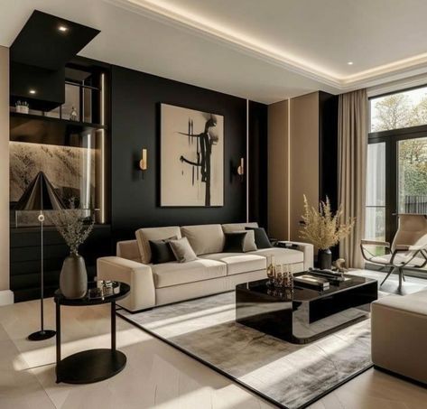 2 Sofas In Living Room Layout, Black And Gold Living Room, Home Inspo Living Room, Black And White Living Room, Beige Living Rooms, Gold Living Room, Black Living Room, Rustic Home Design, Wall Tattoo