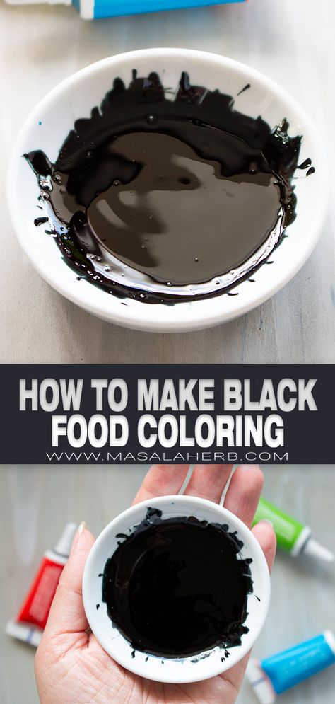 Mix up these colors to make your own black food dye from scratch! It takes less than 5 minutes. How To Mix Food Coloring To Make Different Colors, Making Black Frosting, Black Food For Halloween, How To Make Black Food Coloring Diy, How To Make Black Chocolate, Black Color Desserts, How To Make Black Playdough, Food Dye Color Chart, Making Black Icing