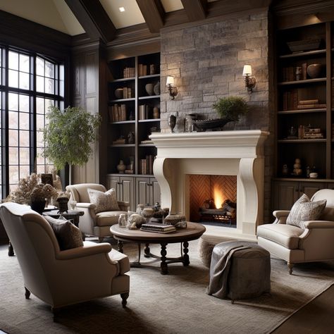 Elegant Symmetrical Bookshelves for Stylish Display Fireplace EWith Built Ins On Both Sides Idea Image Library Shelves Around Fireplace, Elegant Traditional Kitchen, Double Height Living Room Fireplace, Stained Wood Built Ins Living Room, Tv Cabinet Next To Fireplace, Elegant Stone Fireplaces, Dark Family Room Ideas, Stunning Fireplaces Living Rooms, Wood Fireplace Built Ins