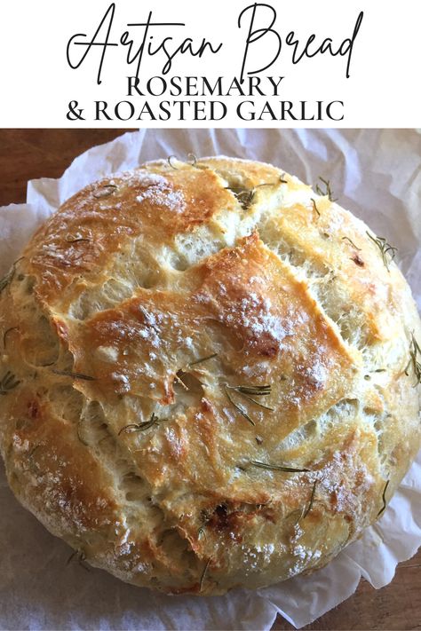 Few things are better than freshly baked bread. And eating it while it’s still warm with delicious pasta or a steaming bowl of soup or stew? The best! This simple no-knead recipe builds on my basic 4-ingredient overnight artisan bread recipe. It’s still super easy to make and requires only a handful of extra ingredients! | #homemadebread #rosemarybread #easybreadrecipe #rusticbread #comfortfood #noknead #overnightbread #rosemary #roastedgarlic #evoo #oliveoil #madefromscratch #artisanbread Roasted Garlic Artisan Bread, Overnight Artisan Bread, Garlic Artisan Bread, Savoury Loaf, Bread Rosemary, Artisan Bread Recipe, Pudding Chia, Freshly Baked Bread, Homemade Bread Recipes Easy