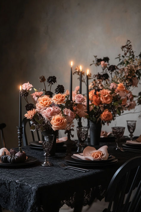 Set the perfect Halloween dinner with black lace tablecloths, gothic candle holders, and eerie centerpieces. Your guests will love this spooky chic vibe! Spooky Elegant Dinner Party, Halloween Candleopera, Gothic Chic Halloween Decor, Modern Halloween Party Decor, Gothic Lantern Centerpieces, Halloween Fancy Dinner, Gothic Thanksgiving Decor, Elegant Halloween Birthday Party, Halloween Party Ideas For Adults Decoration Easy Diy