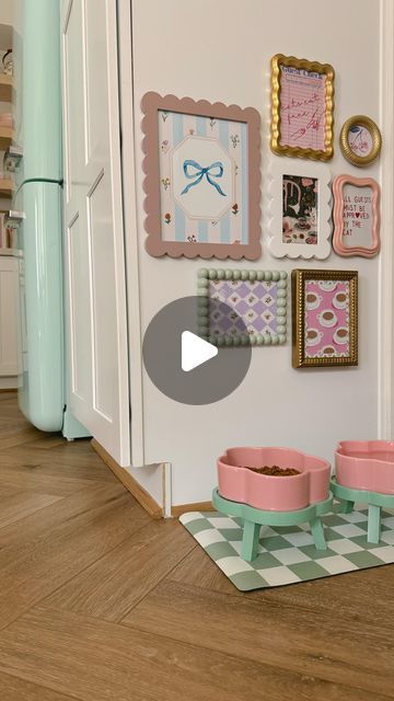 Pet Kitchen Ideas, Dog Bowl Gallery Wall, Gallery Wall For Dog, Dog Dining Area, Cat Food Set Up, Cat Eating Area, Cat Gallery Wall, Pet Gallery Wall, Dog Gallery Wall