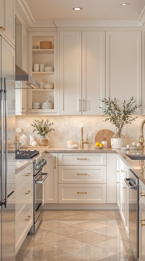 Coastal Kitchen Designs Kitchen Backsplash With Creamy White Cabinets, Bright Clean Kitchen, Kitchen With Cream Walls, One Wall White Kitchen With Island, All White Shaker Kitchen, White And Gold Coastal Kitchen, White Kitchen Small Space, Small Kitchen Neutral Colors, White Beige Gold Kitchen