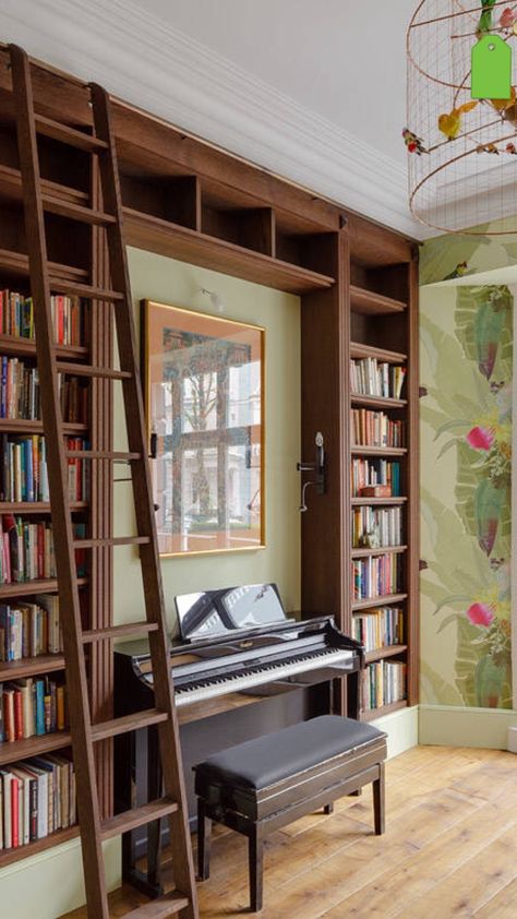 Combine two loves in one space - music and books.  Love! Piano Room Design, Piano Living Rooms, Home Library Rooms, Home Music Rooms, Solid Oak Floors, Piano Room, Home Library Design, Home Libraries, Home Library