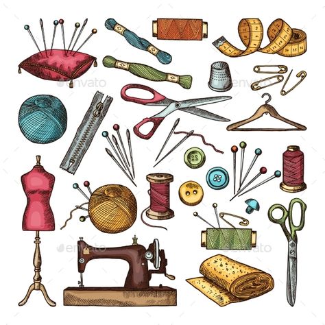 Colored Pictures of Different Tools for Needlework Sewing Clipart, Different Tools, Colored Pictures, Textile Art Embroidery, Flower Drawing Design, Sewing Workshop, Fashion Art Illustration, Sewing Art, Colorful Drawings