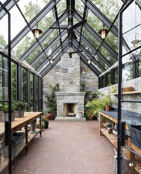 Private Greenhouse, Green House With Fireplace, Greenhouse Screened Porch, Greenhouse Entertainment Space, Winter Garden Glass House, Greenhouse In Kitchen, Green House Conservatory, Sauna Greenhouse Combo, Greenhouse Under Deck