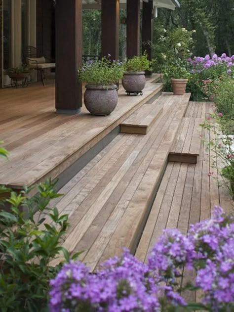 Outdoor stairs are beautiful architectural elements that enrich house designs, connect home interiors with yards, and welcome guests Taman Air, Wooden Terrace, Deck Steps, Wooden Deck, Deck Stairs, Front Deck, Outdoor Stairs, House With Porch, Backyard Deck