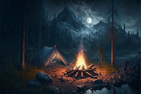 Fantasy Campfire, Campfire Landscape, Camping Illustration Art, Camp In Forest, Fantasy Camping, Camp Background, Camping In Forest, Camping Background, Camp In The Woods