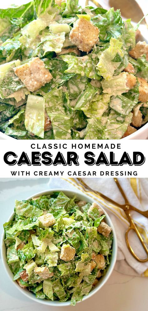 Enjoy the best classic Caesar salad with creamy dressing. Perfect for impressing guests, this recipe balances crisp romaine lettuce with a rich, tangy dressing made from anchovy fillets, Parmigiano-Reggiano, and a mayo base. Perfect as a side salad, or top it with grilled chicken for a hearty main dish. #FreshSaladRecipes  #DeliciousSalads #HealthySummerRecipes Simple Caesar Salad, Cesar Salad Aesthetic, Ceaser Salad Ideas, Cesar Salad Recipe, Salad With Creamy Dressing, Homemade Caesar Salad, Creamy Caesar Dressing, Fall Salads, Caesar Salad Dressing Recipe