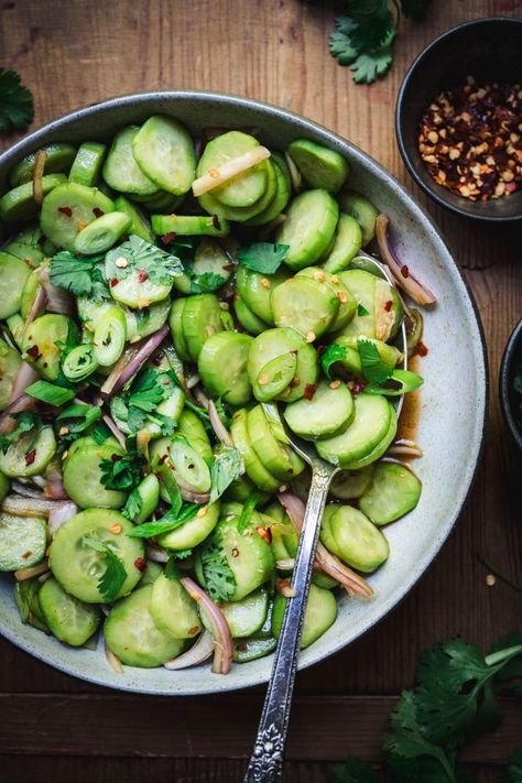 Asian Cucumber Salad | Crowded Kitchen Summer Entrees, Spicy Cucumber Salad, Asian Inspired Salad, Crowded Kitchen, Asian Cucumber Salad, Yummy Salads, Cucumber Recipes Salad, Vegan Side Dishes, Cucumber Recipes