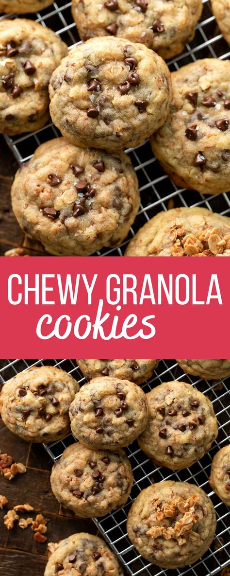 granola cookies with chocolate chips and walnuts How To Use Granola In Recipes, Dessert With Granola, Chocolate Chip Granola Cookies, Baking With Granola, Oatmeal Granola Cookies, Recipes Using Granola Cereal, Granola Breakfast Cookies, Granola Bar Cookies, Leftover Granola Recipes