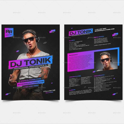 Modern DJ Press Kit and Resume Template for Event / Club Professionals Dj Press Kit, Press Kit Template, Graphic Art Illustration, Facebook Followers, Background Images Free Download, Event Template, Graphic Arts Illustration, Template Resume, Youtube Subscribers