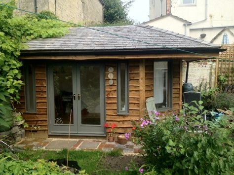 Garden Room Cladding Ideas, Cladding Garden Room, Garden Room Cladding, Cladded Shed, Cladding Door, Summerhouse Colours, Waney Edge Cladding, Waney Edge Cladding House, Garage Cladding