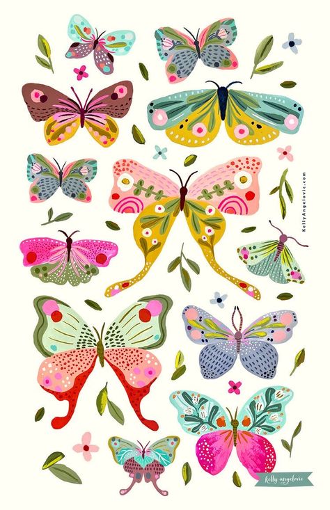 Butterflies Illustration Art, Folk Art Butterflies, Pastel Pattern Design, Cute Butterfly Illustration, Butterfly Illustration Design, Butterfly Illustration Art, Cute Butterfly Drawing, Folk Art Butterfly, Butterflies Illustration