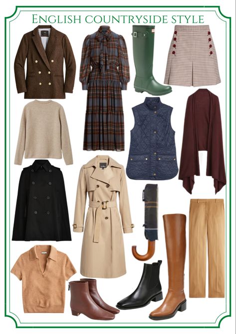 Scotland Inspired Outfit, English Country Aesthetic Fashion, English Country Style Outfits Autumn, British Autumn Style, English Style Outfit Women, Shoes For Rain, Classic British Style Women Chic, British Heritage Fashion Women, English Clothing Style Woman