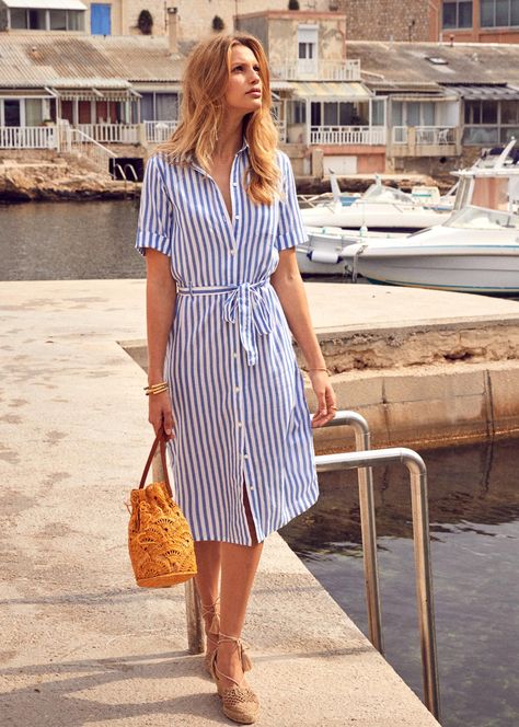 Blue White Striped Button Front Shirt Dress with Tie Waist Blue Stripes Outfit, Striped Dress Outfit, Blue And White Outfits, Blue And White Striped Shirt, Shirt Dress Outfit, Shirt Dress Summer, Gaun Fashion, Chique Outfits, Nails Colors