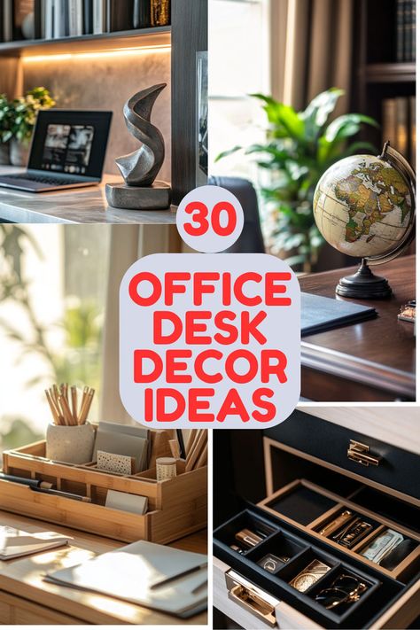 A collage of stylish office decor items, including a desk globe, bamboo organizer, and artistic sculpture, showcasing desk inspiration and creative work desk decor ideas for enhancing work setup desks. Trendy Office Desk Decor, Gamer Desk Decor, Women’s Desk Decor, Office Table Setup Ideas, Thrifted Desk Decor, Fun Office Desk Accessories, Uplift Desk Home Office Ideas, Decorating A Desk At Home, Plants For Desk At Work