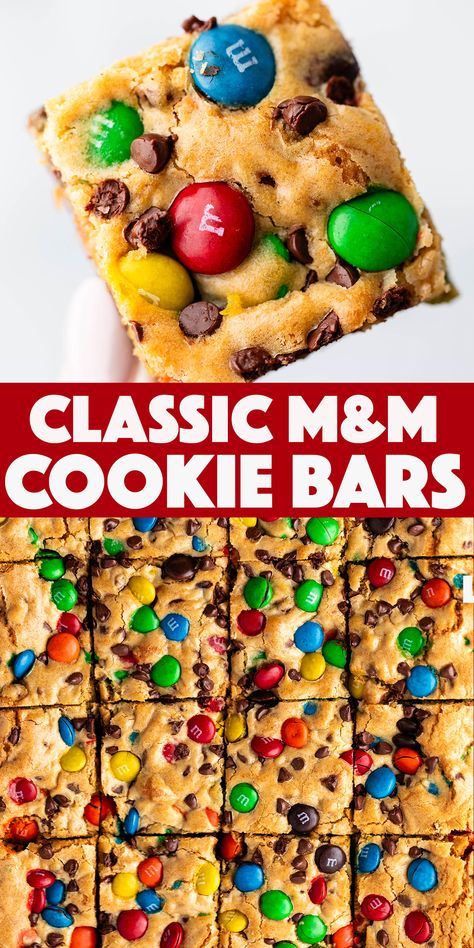 M&M Cookie Bars - Packed with colorful M&M candies and mini chocolate chips, these cookie bars are a viral hit and a reader favorite. Mini M M Cookie Bars Easy, Chocolate Chip M&m Bars, M And M Blondies, Simple Dessert Ideas For Party, M&m Blondies, Chocolate Chip M&m Cookie Bars, M M Cookies Bars Recipe, Oatmeal M&m Cookie Bars, Cookie Bars M&m