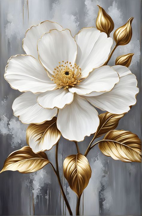 Gold Painting Ideas, White And Gold Wall Art, White And Gold Painting, White Gold Flowers, Decoupage Flowers, White Flower Painting, Wall Art Flowers, Gold Art Painting, Flower Oil Painting