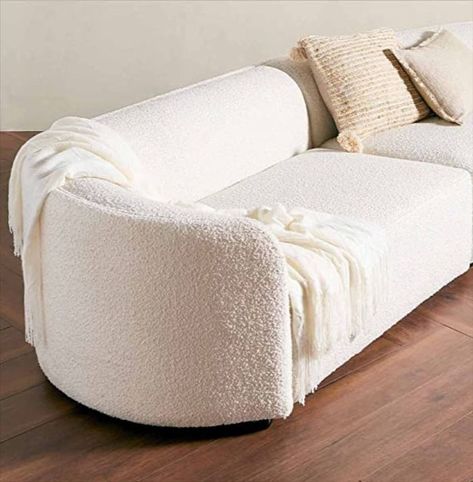 White Fur Sofa, White Sherpa Couch, White Boucle Sofa, Sherpa Couch, Shower Ensuite, Curved Living Room, Boucle Couch, Couch For Bedroom, Interior Lounge