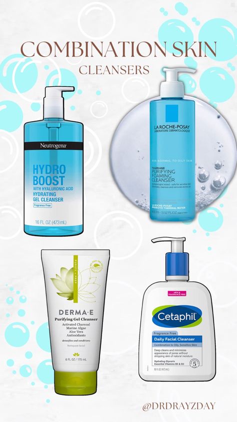 Dermatologist recommended cleansers for combination skin. Best Cleansers, Products For Sensitive Skin, Moisturizer For Combination Skin, Cleanser For Combination Skin, Derma E, Dermatologist Recommended Skincare, Recommended Skin Care Products, Daily Facial Cleanser, Best Face Wash