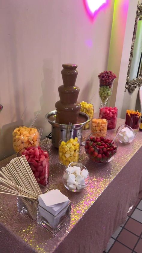 Grad Party Chocolate Fountain, Chocolate Fountain Party Ideas, Fruit Bar With Chocolate Fountain, Sweet 16 Fruit Platter, Fruit Table With Chocolate Fountain, Chocolate Fountain At Wedding, Sweet Sixteen Dessert Table, Chocolate Fountain Set Up, Prom Dessert Table Ideas