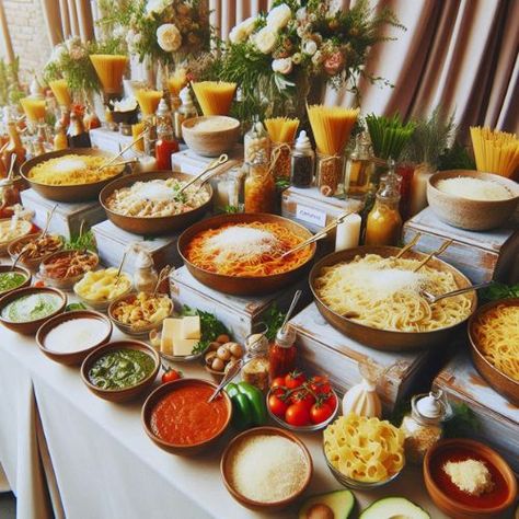 Food Station Wedding Reception Ideas, Unique Wedding Catering, Pasta Display Ideas, Pasta Bar Baby Shower Ideas, Pasta Catering Wedding, Buffet Wedding Reception Food Stations, Pasta Bars For Weddings, Pasta Rehearsal Dinner, Wedding Dinner Station Ideas