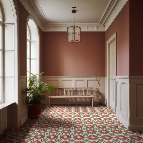 Painted Tiled Floors, Victorian Entrance Tiles, Edwardian Style Bathroom, Victorian Tiled Floor, Edwardian Floor Tiles, Red Floor Tiles, Victorian Entrance Hall, Victorian Tiled Hallway, Victorian Hallway Ideas