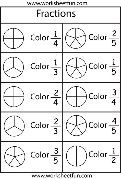 Color the fraction - 4 worksheets Free Fraction Worksheets, Math Fractions Worksheets, Learning Fractions, School Mood, Multiplication Strategies, First Grade Math Worksheets, Math Board, Math Book, First Grade Worksheets