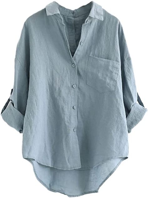 Minibee Women's Linen Blouse High Low Shirt Roll-Up Sleeve Tops at Amazon Women’s Clothing store Women Shirt Designs, High Low Shirt, Linen Top Women, Linen Shirts Women, Linen Fashion, Salwar Kamiz, Shirt Casual Style, Linen Blouse, Womens Long Sleeve Shirts