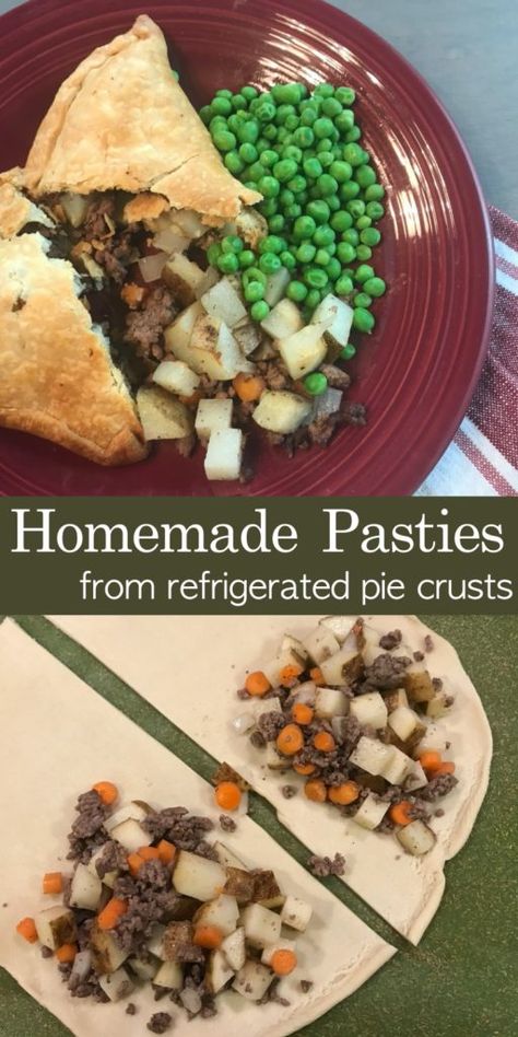 These easy homemade pasties use premade refrigerated pie crusts and ground beef to make delicious custom filled pasties. I like traditional meat, potatoes, and onions, but you could get creative and change them up. Meat And Potato Pockets, How To Make Beef Pasties, Meat And Potato Pasties, Meat Pasties Recipes, Homemade Pasty Pie, Pasty Recipe Easy, Beef And Potato Pasties, Up Pasties Recipes, Beef Pasties Recipes Easy